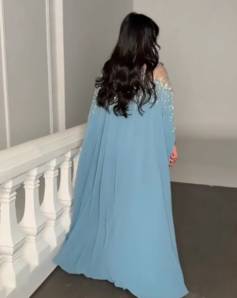 Blue Chiffon Crystal Prom Dresses Long for Women 2025 Crew Neckline Long Sleeve A Line Formal Evening Gowns Customized