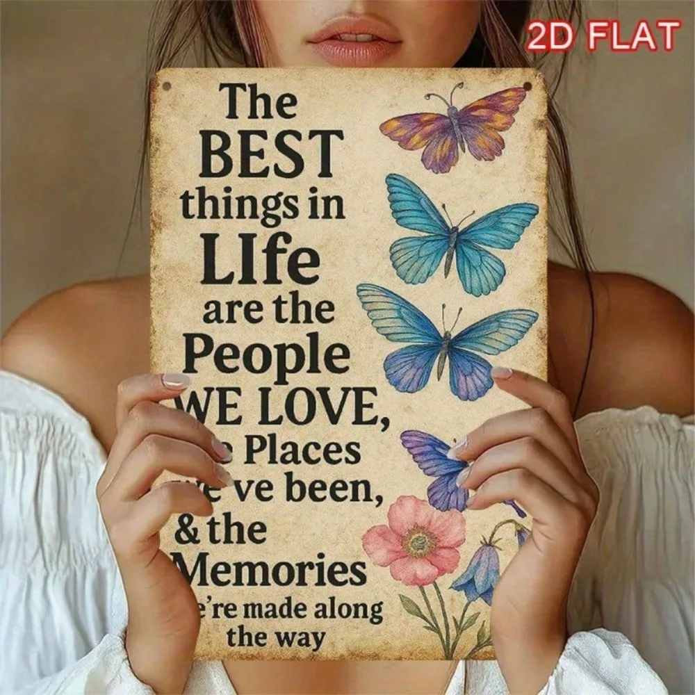 CIFBUY 1PC 2D Metal Iron Wall Decor Sign 8x12in Warm Life Words Butterfly Wall Art Vintage Farmhouse Home Decor Metal Plaque Liv