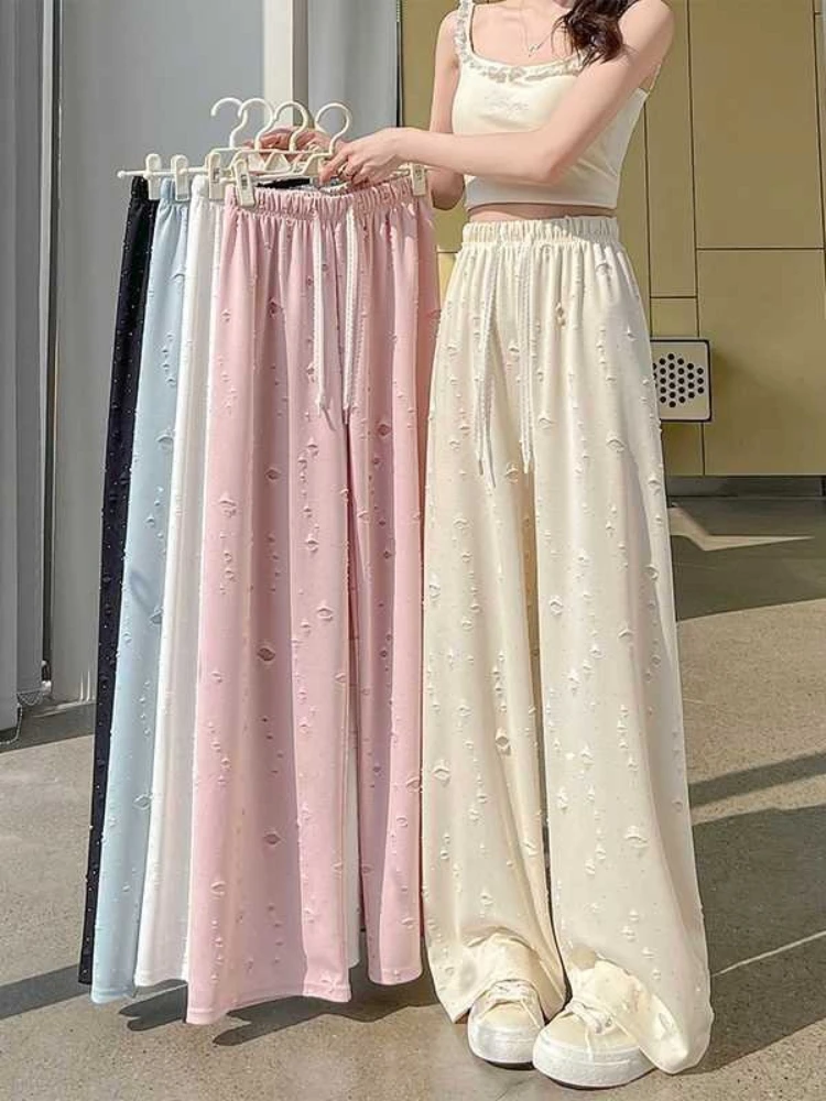 

Boho Chic Wide-Leg Pants Cool Summer Fabric High Waist Ripped Rhinestone Loose Straight Long Trousers for Women