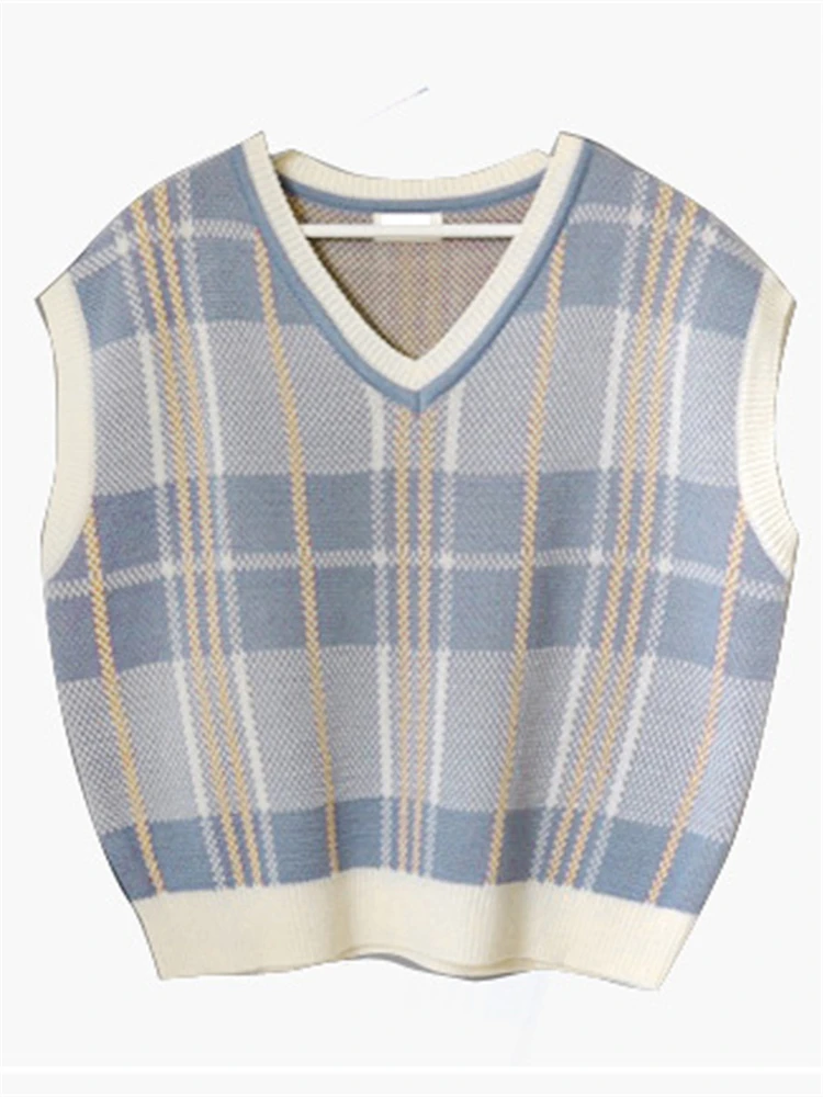 REALEFT 2022 New Autumn Plaid Striped Sleeveless Sweater Vest for Women Knitting V-Neck Casual Loose Ladies Female Tank Tops