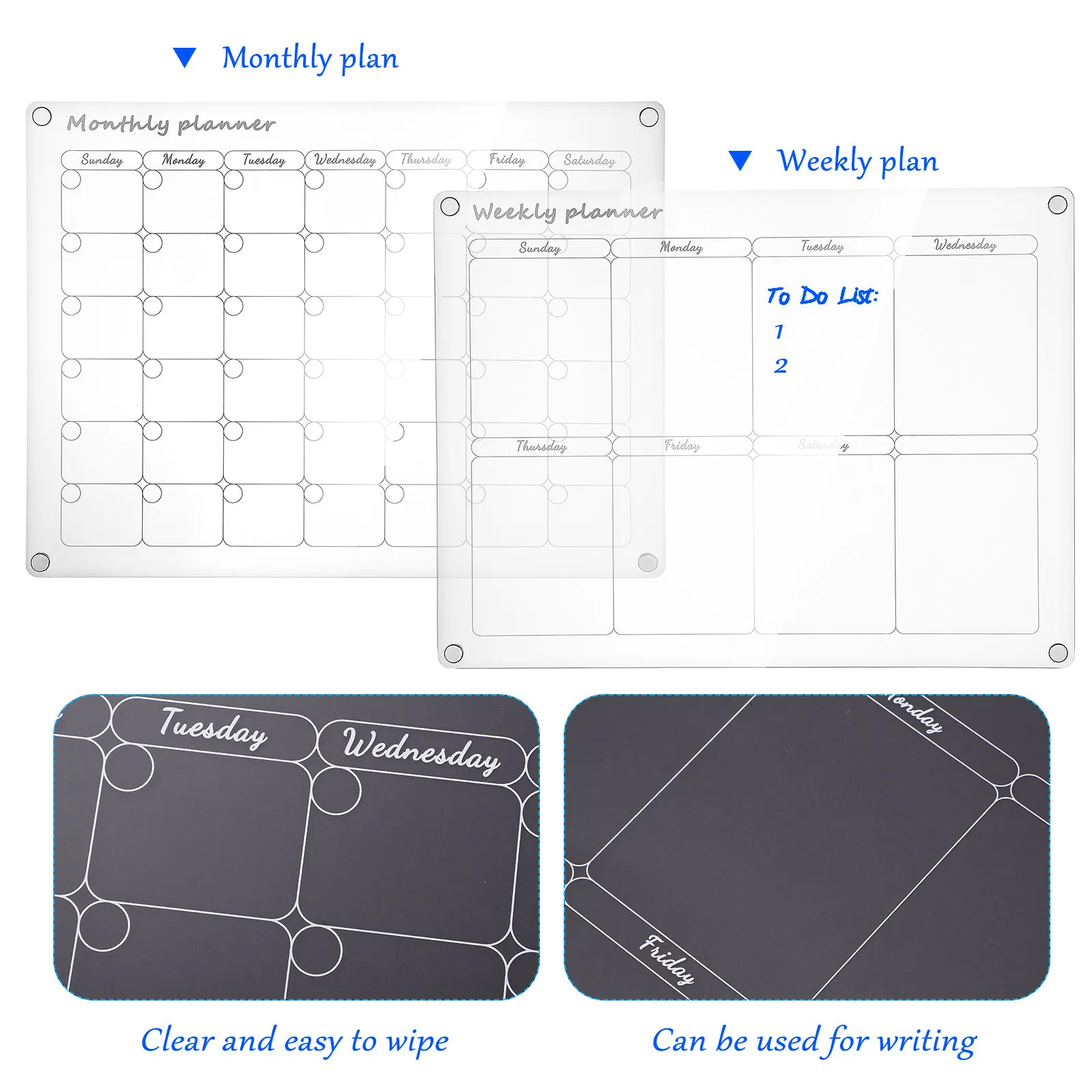 2Pcs Transparent Acrylic Board Weekly Monthly Planner Magnetic Writing Board Clear Fridge Planning Whiteboard Plan Magnet