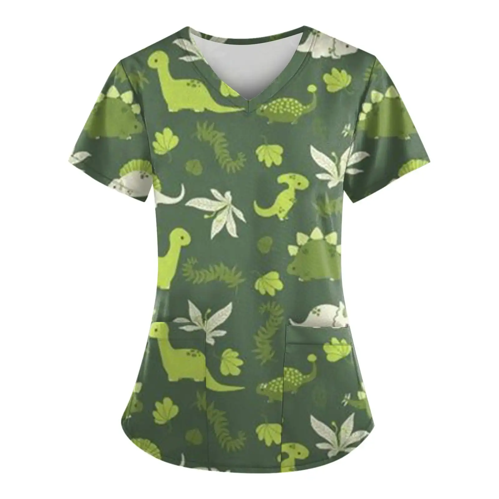 Chirurgische Uniformen Frau Dinosaurier Cartoon Print Gesundheitspflege Krankenschwester Tops V-Ausschnitt Micro-Stretch Kurzarm Klinische Uniform Frau – Detail 7