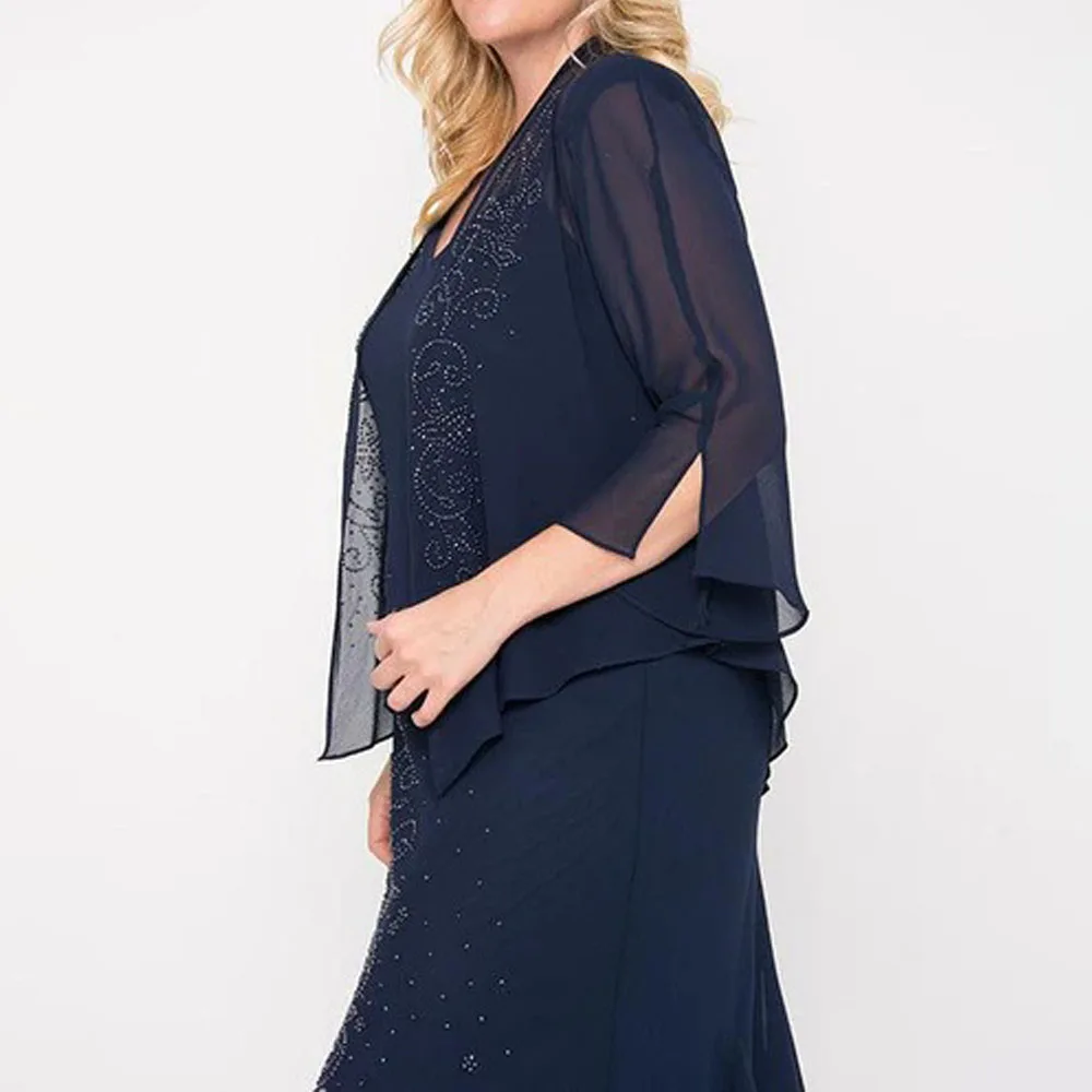Customized Mother of The Bride Dress with Jacket Sheer Sleeves V Neck Crystal Applique A Line Chiffon Wedding Guest Party Gowns