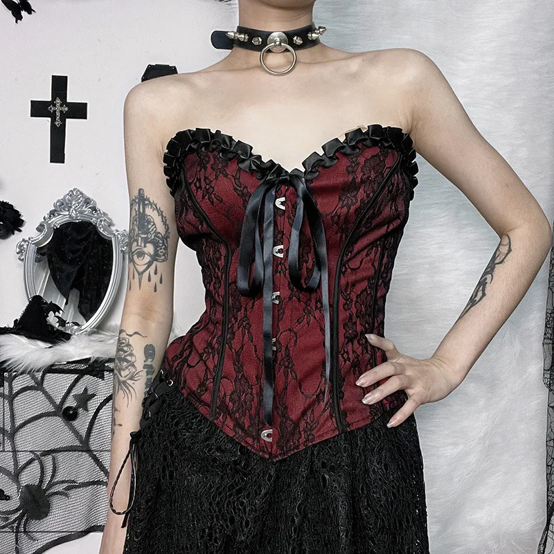 Retro Medieval Gothic Dark Tank Top Women Sexy Slim Lace Waist Bustier Corset Slim Tie Tops Overbust Steampunk Cosplay Costume