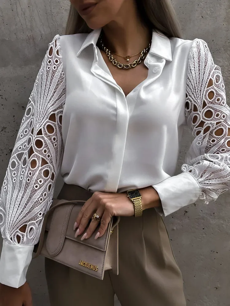 2024 White Sexy Lace Hollow Out Women Blouse Spring Black Top Autumn Femme Vintage Button Up Shirts Long Sleeve Mesh Design Tops