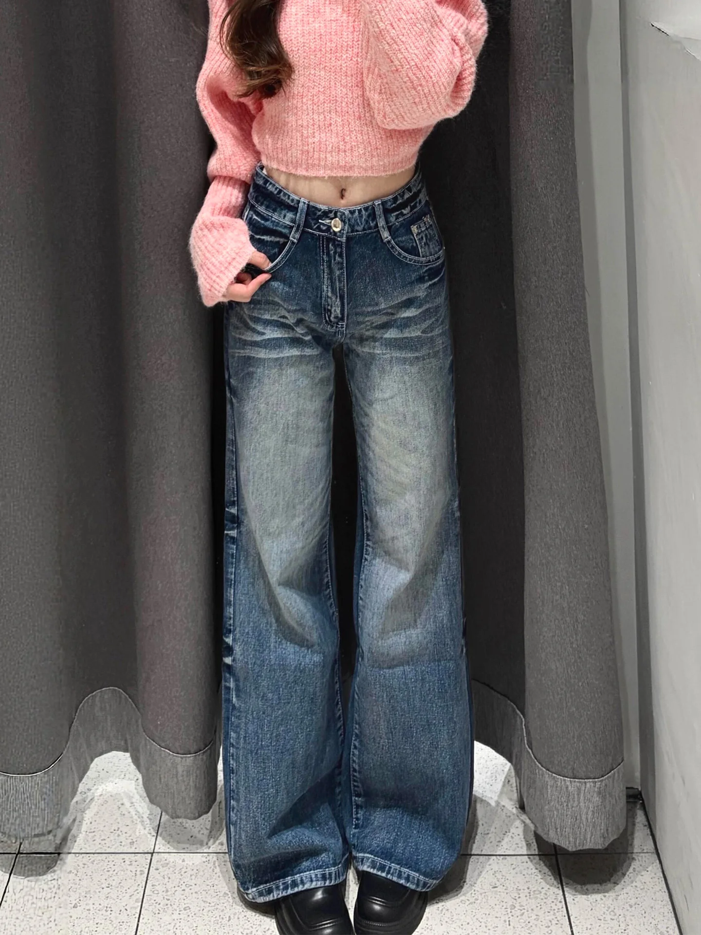 

Washed Vintage High Waist Wide Leg Jeans Women's Slim Fit American Style Blue Denim Spring Summer New Arrival Ladies Fashion