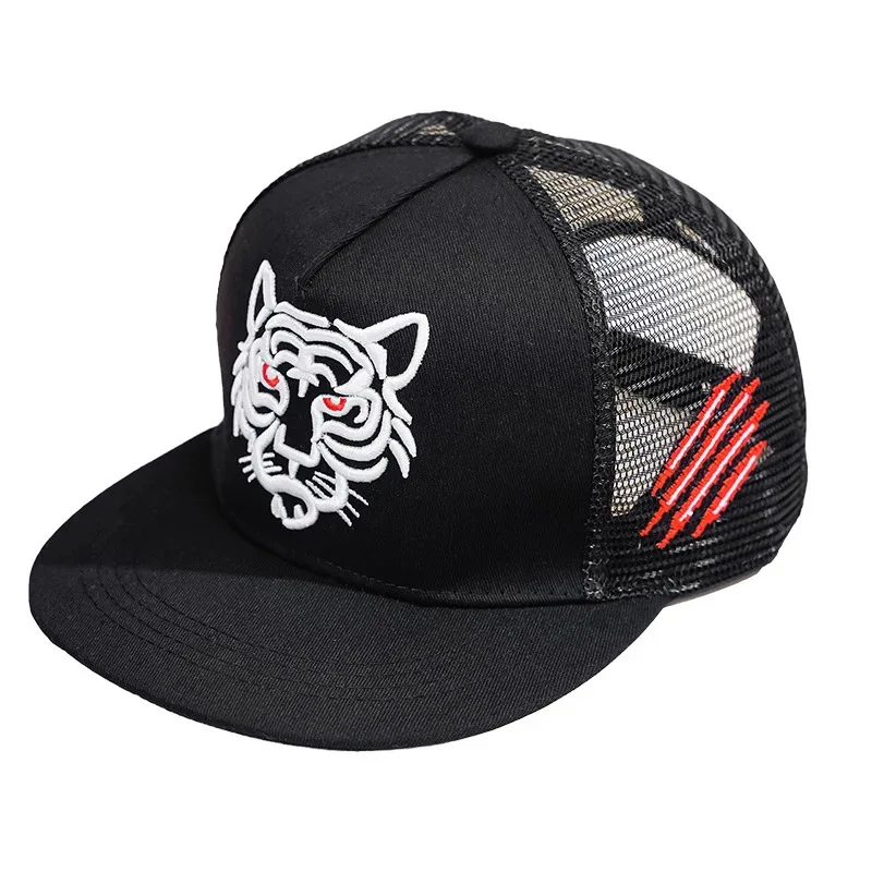 Homens e Mulheres Tigre Cabeça Bordado Boné de Beisebol, Hip Hop, Respirável Chapéus de Sol, Personalidade Rua, Borda Plana, Malha Trucker Caps, Novo
