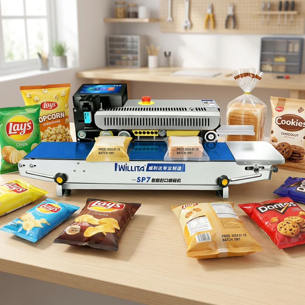 Automatic Intelligent Date Ink Jet Print Continuous Band Sealer Adjustable Horizontal Plastic Bags Sealing Machine
