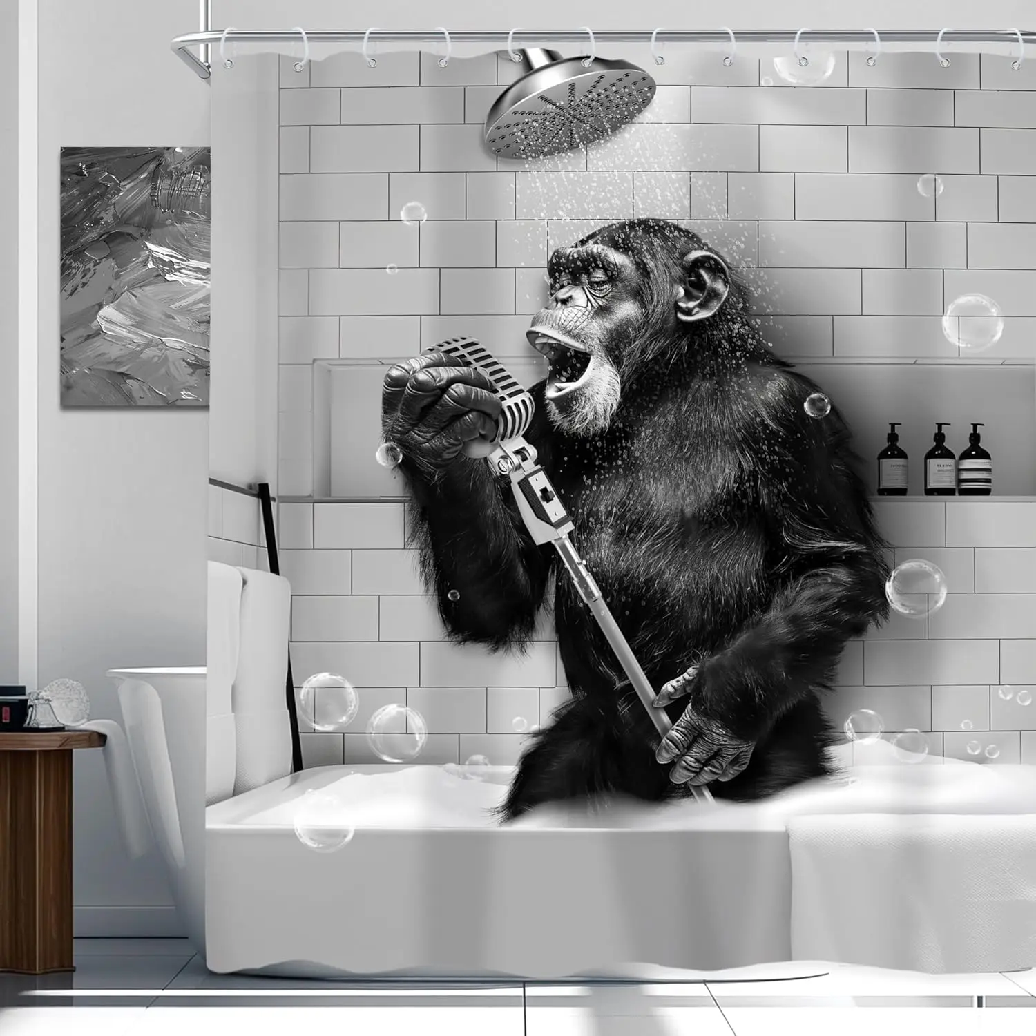 Lustiger Affen-Duschvorhang Schwarz-Weiß Tiermotiv Singender Schimpansen in der Badewanne Herren Kinder Jungen Duschvorhang Badezimmer-Set Modern