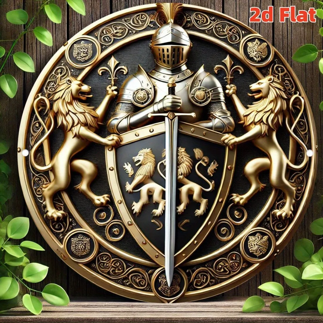 Vintage Round Metal Wall Art Knight Emblem & Lion Guard Aluminum Tin Sign for Home Bar Cafe Decor