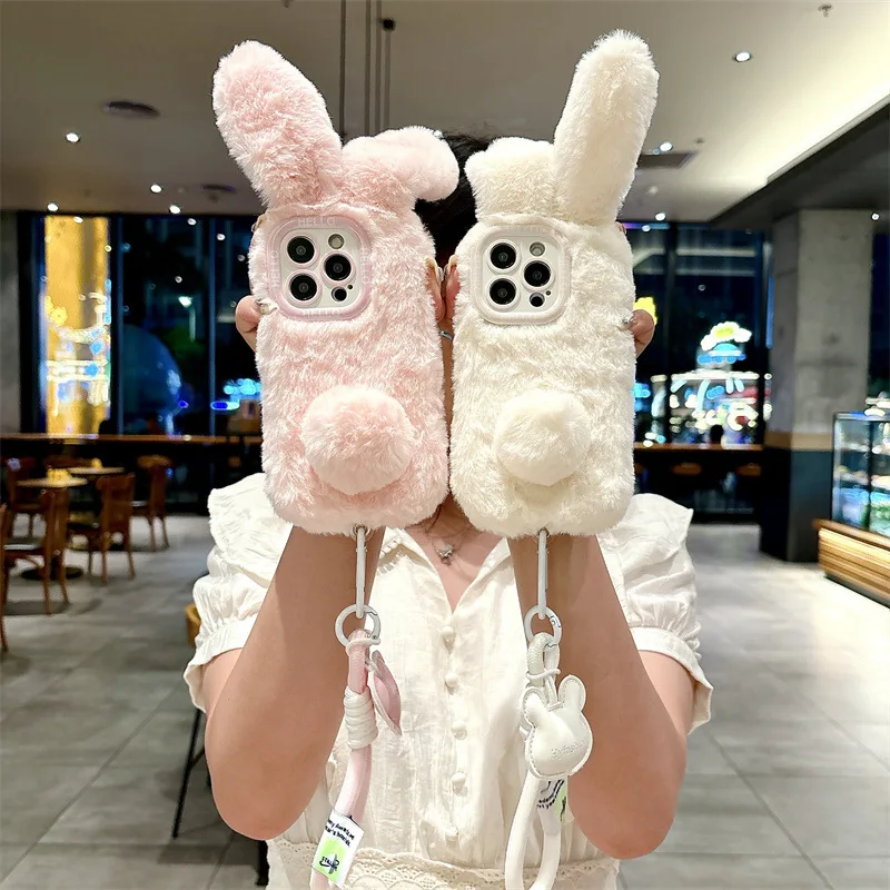3D Cute Cartoon Rabbit Ears Warm Furry Plush Bunny Phone Case With Lanyard For iPhone 15 14 13 12 11 16 Pro Max Shockproof Cover view 4