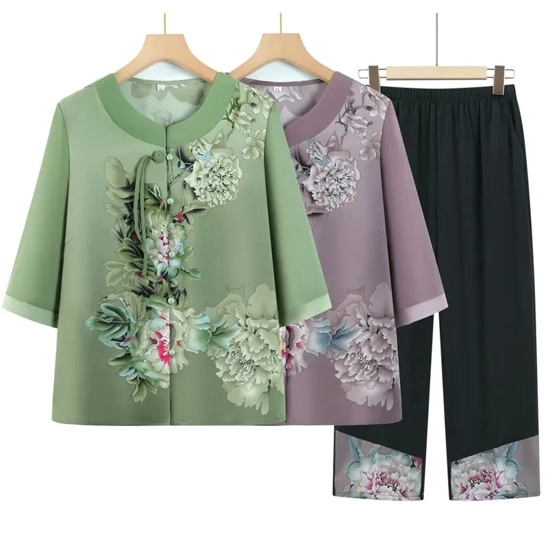 Middle Aged Elderly Mother Summer Set 2025 New Chiffon Cardigan Blouse Black Pants 2-piece Suit Chinese Style Grandma Outfit 5XL