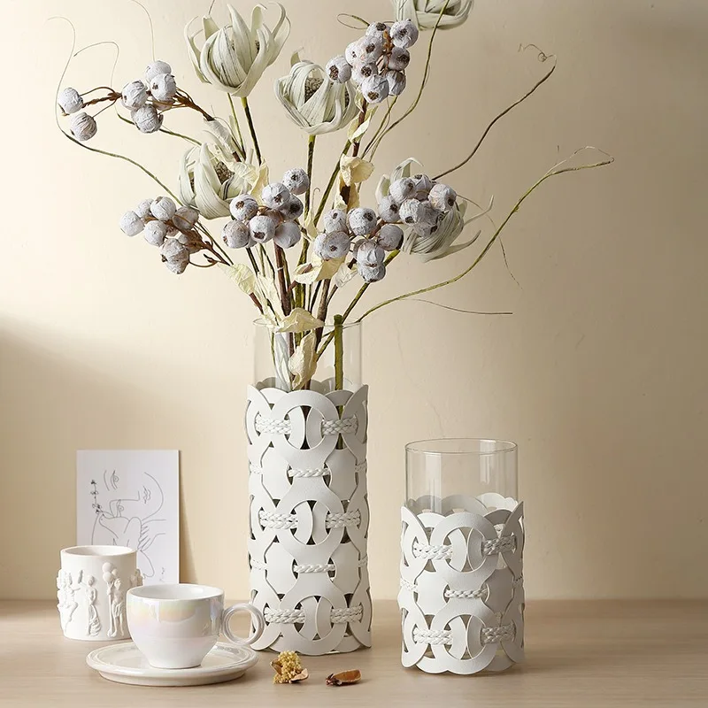 Light Luxury Handmade Woven Leather Vase Modern Straight Vase Desktop Decoration Artistic Ornaments Home Decor Room Decoration