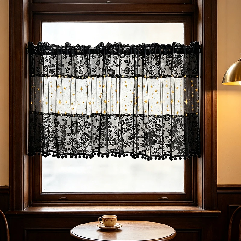 1pc Retro 3‑Panel Tier Curtain, Spliced Black Floral Lace Raised Red Rose Embroidery, Rod‑Pocket Pom‑pom Edge Window Drape