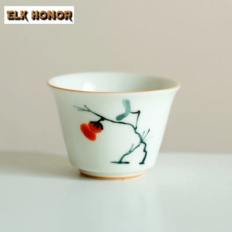 2pc/lot Pure Hand-painted Persimmon Teacup Tea Bowl Tea Pair Tea-tasting Fragrance Cup Jianzhan Master Cups Tea Services 35ML