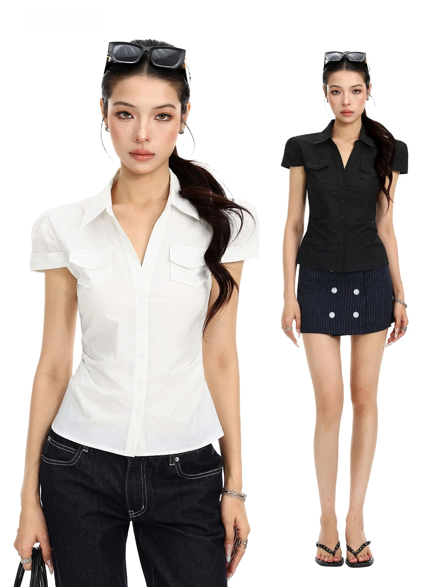 Women's Slim Fit Shirt Short Sleeve Pleated Waist Cinching Commute Friendly Casual Fashion Korean Style White Checkered Pattern