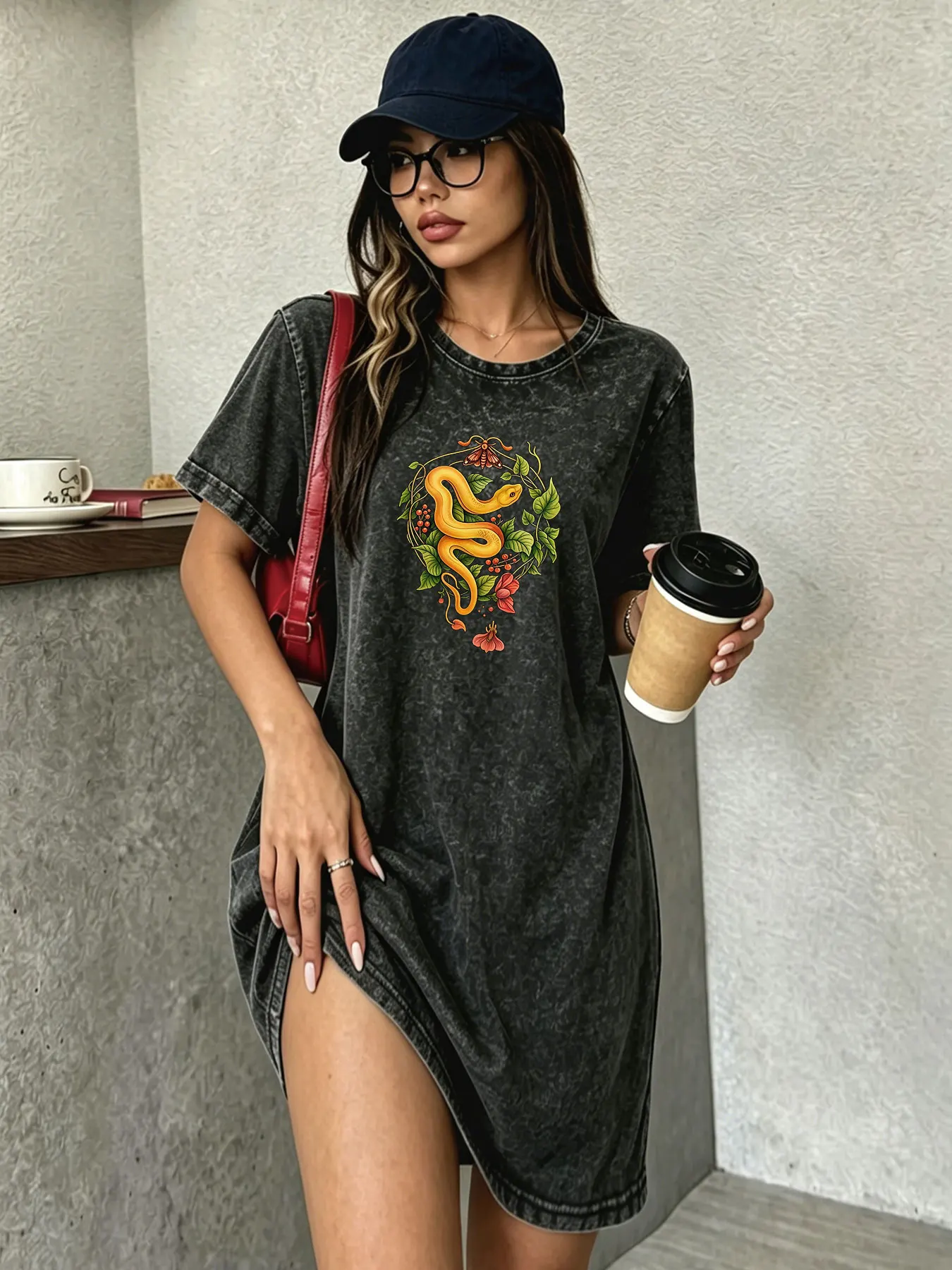 Vintage Washed Retro T-Shirt Dress for Women, Fashion Streetwear Brand Dress with Snake Totem Print
