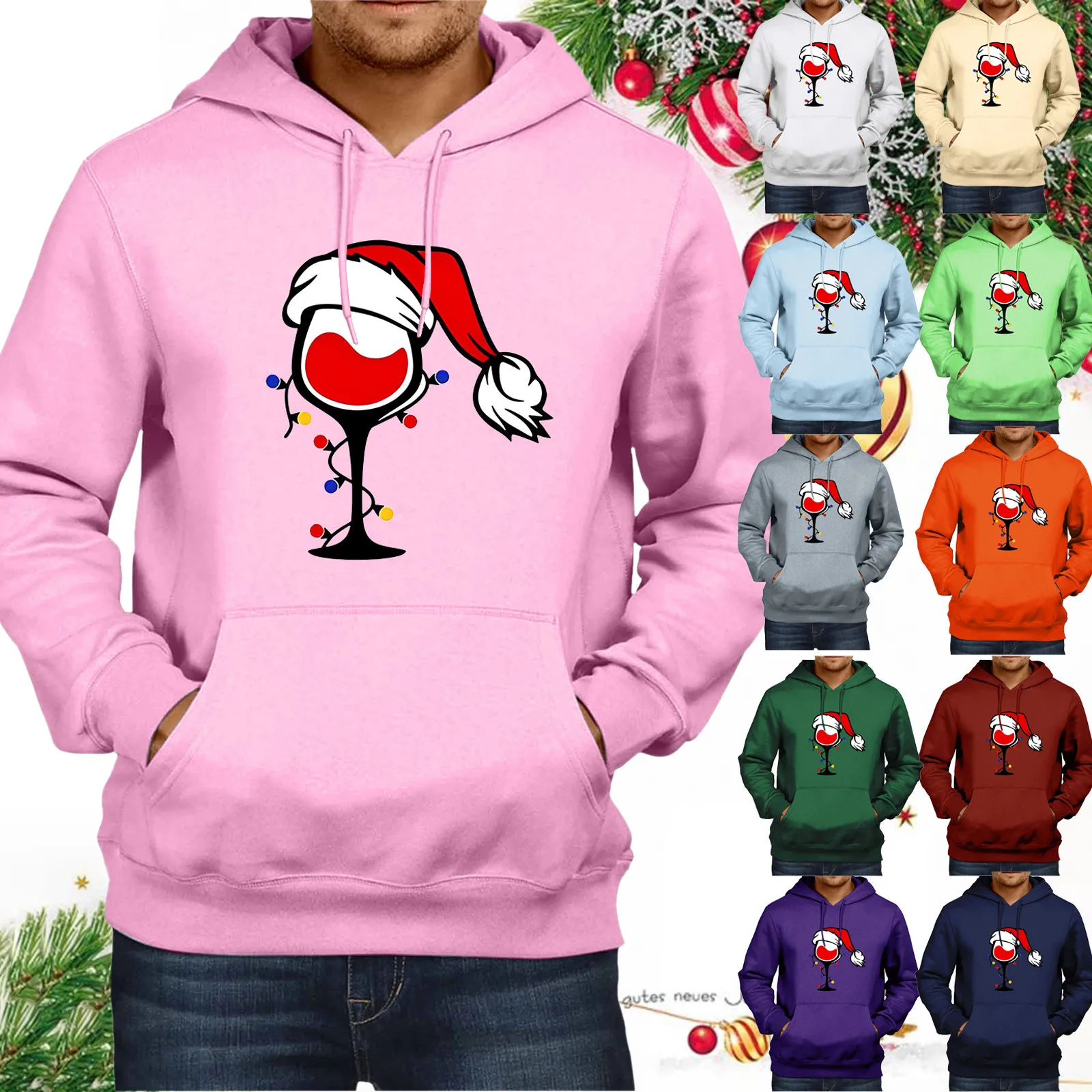 Christmas Hoodies For Men 2024 Red Wine Glasses With Santa Hats Graphic Sweatshirts Pullover Men's Big & Tall Sweatshirts