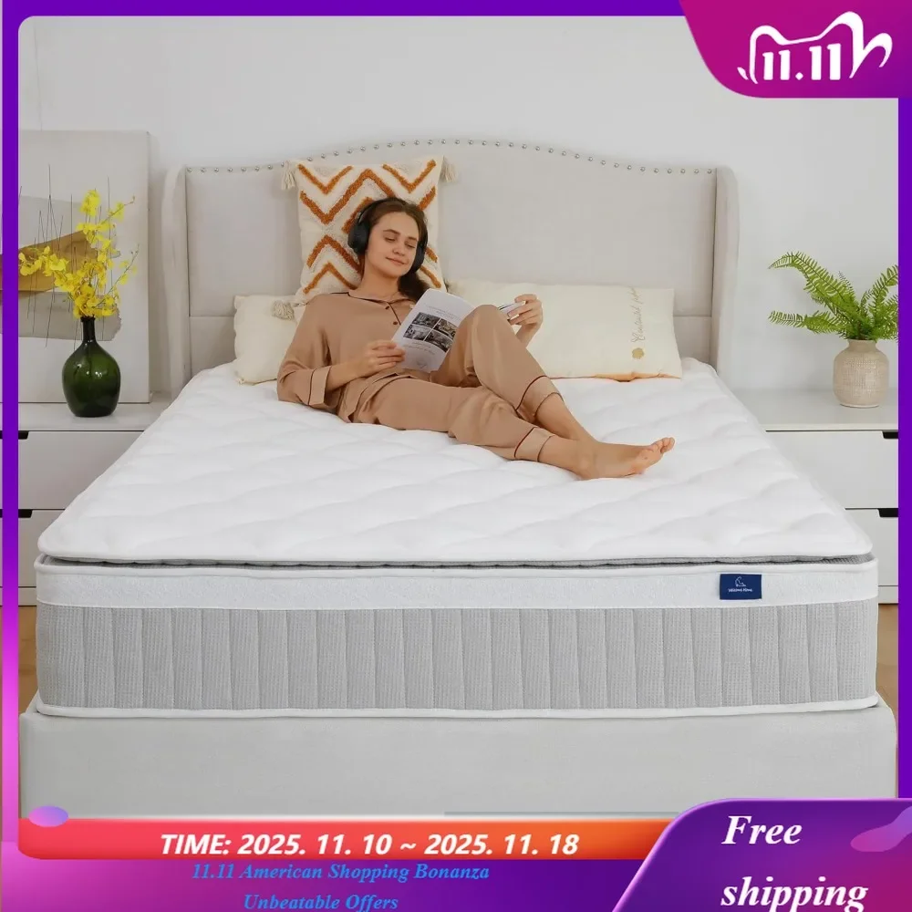 Pillow Top Full Size Mattress in a Box, Medium Firm Memory Foam Hybrid Mattress with Pocket Springs,