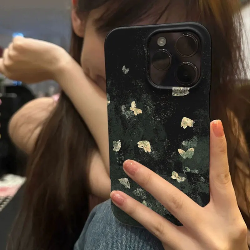 Ins Korean Healing Black Butterfly Phone Case For iPhone 16 Pro Max 15 Pro 14 13 12 11 Xr Xs Max MINI 7 8 Plus Y2K Phone Cases