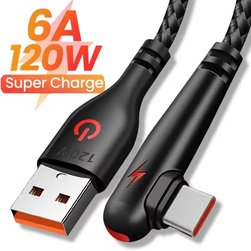 Cable de Carga Rápida USB a Tipo C de 120W, Cable de Carga Rápida para Teléfono con Conector en Ángulo de 90 Grados, Trenzado de Nailon, para iPhone 17, Xiaomi