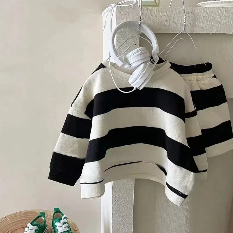 Children\'s Sweater Set Spring New Boys and Girls Shorts Top 2PCS Suit Autumn Baby Striped Long-sleeved T-shirt Set