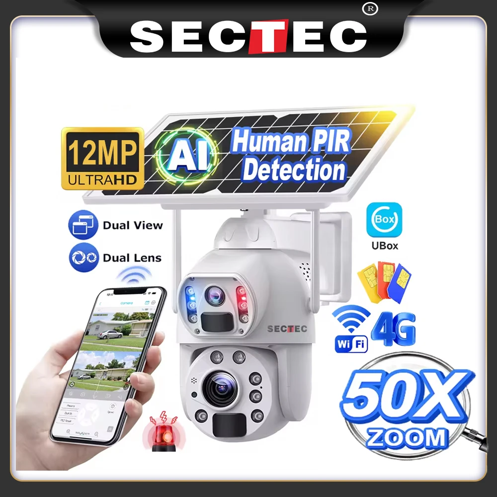 SECTEC 4G Solar Powered Camera 6K 12MP 50X Zoom Dual Lens Dual Screen Human Detect Auto Tracking Outdoor Camera Metal UBOX APP