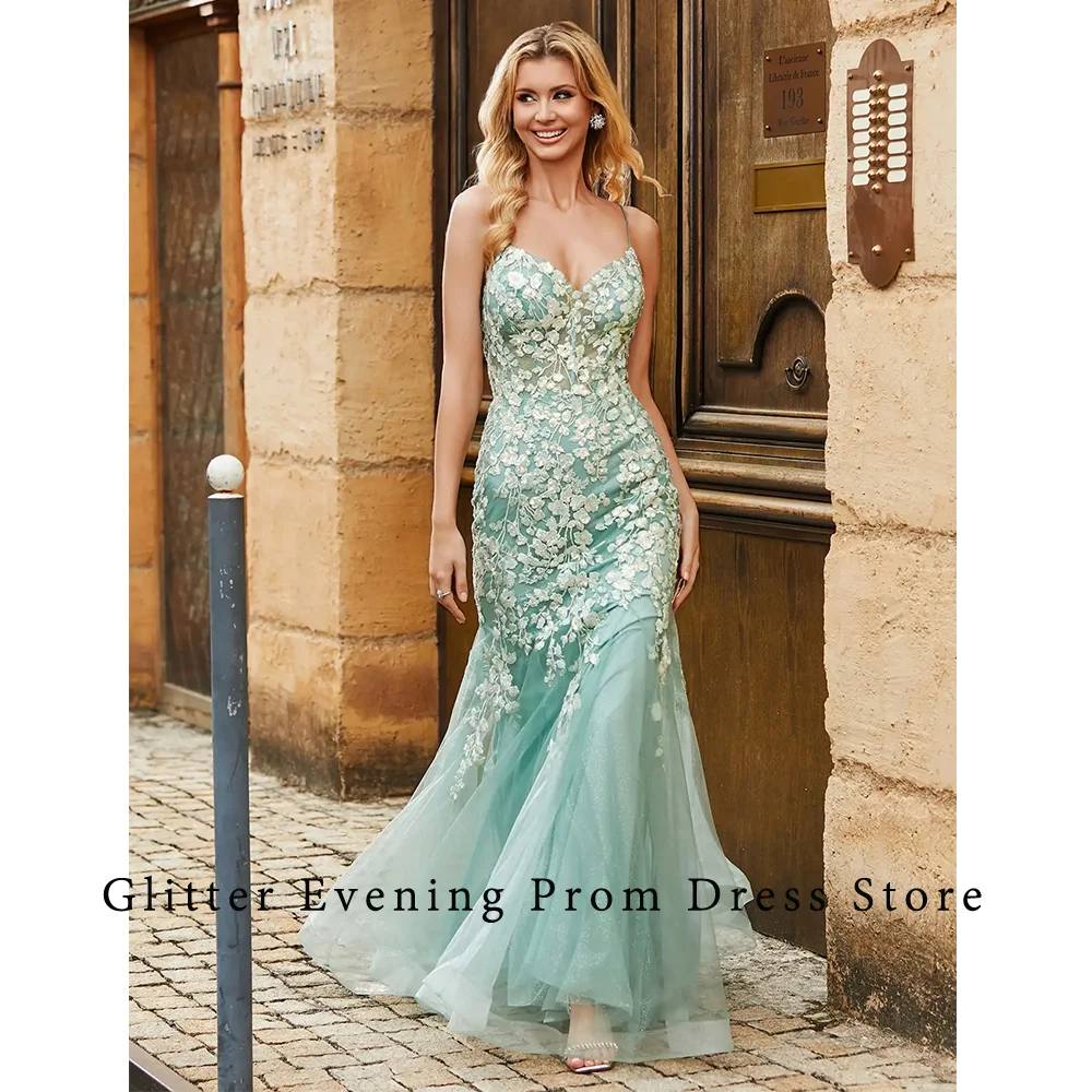 Fashion Sexy Prom Dresses For Women V-Neck Backless Tulle Mermaid Appliques Lace Up Custom Made Birthday Evening Party Grows