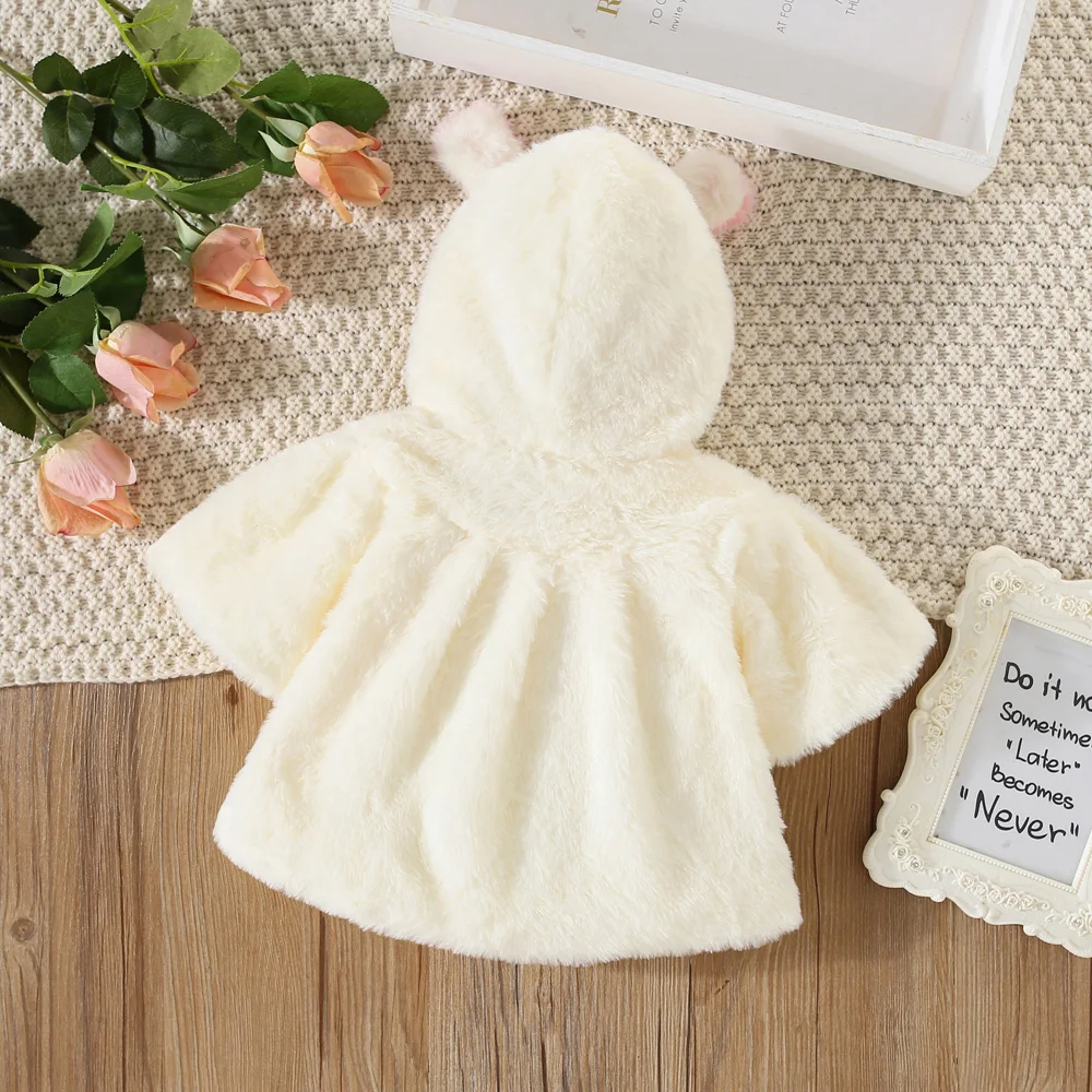 Girls\' Sweater Shawl Autumn Hooded Cartoon Solid Color Plush Short Sleeve Coat