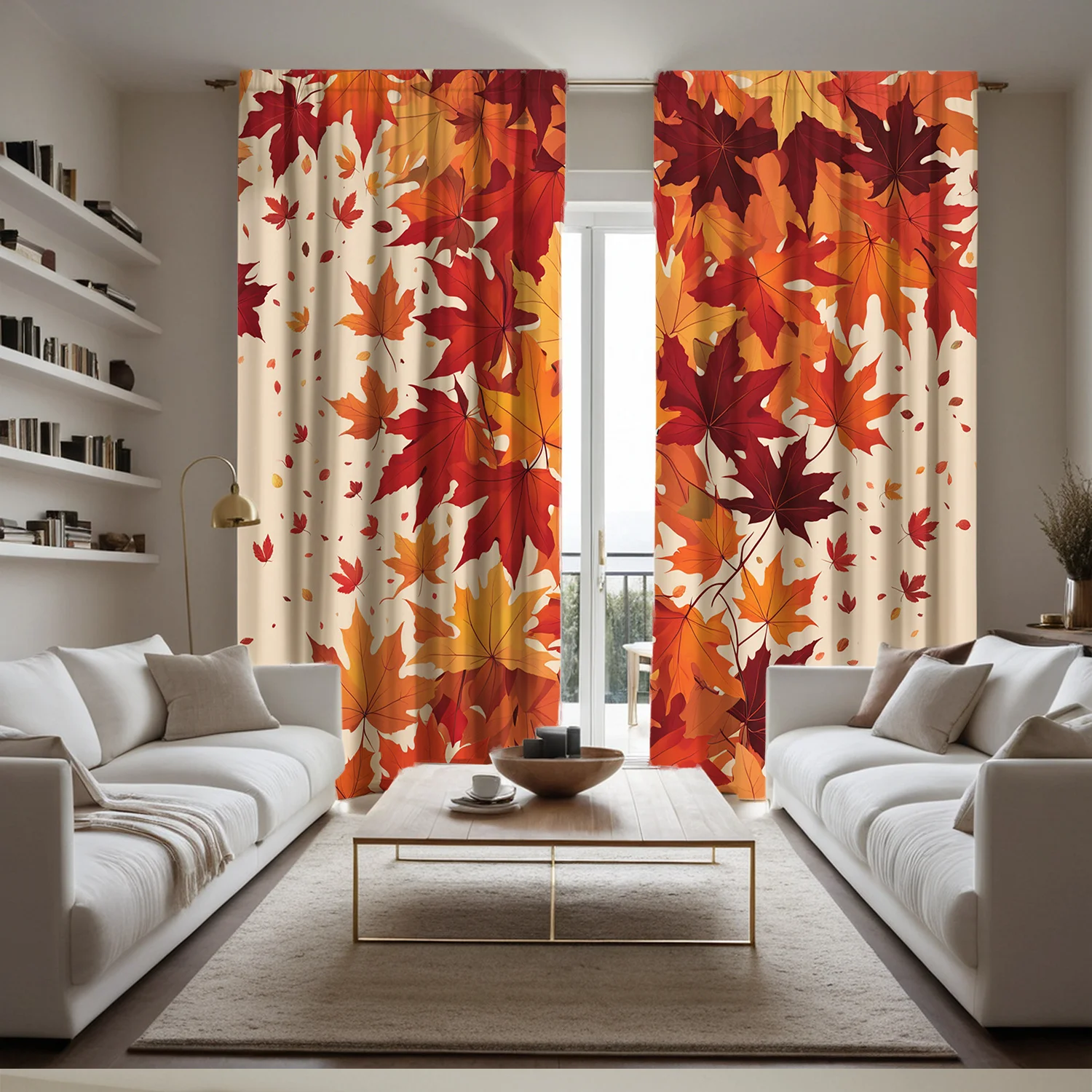 2pc Autumn maple leaf pattern curtains, polyester fabric, machine washable, suitable for bedroom and living room decoration