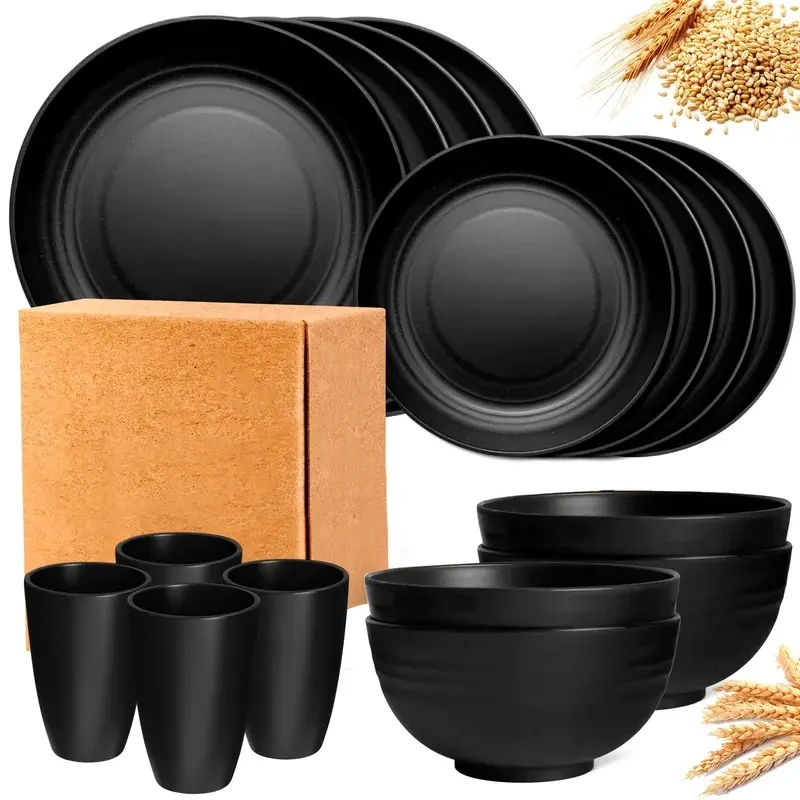 16pcs Kitchen Wheat Straw Dinnerware Set Service for Unbreakable Plastic Modern Dish Set - Dinner PlateCup forOutdoor Camping