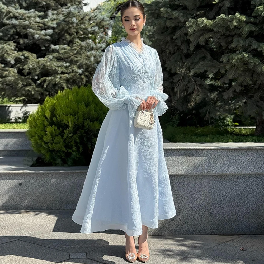 Robe de Cocktail en dentelle exquise, manches longues, classique, en mousseline de soie, personnalisée, à la mode, col en v, pour occasions spéciales