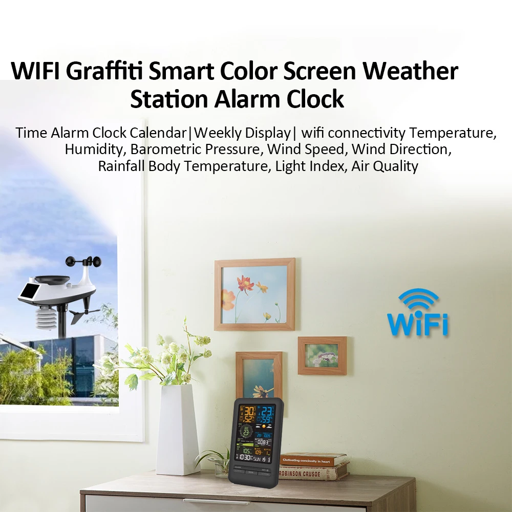 WiFi Smart Weather Station Temperature Humidity Date Week Display Wind Speed Direction Rainfall Light Index Air Quality Monitor