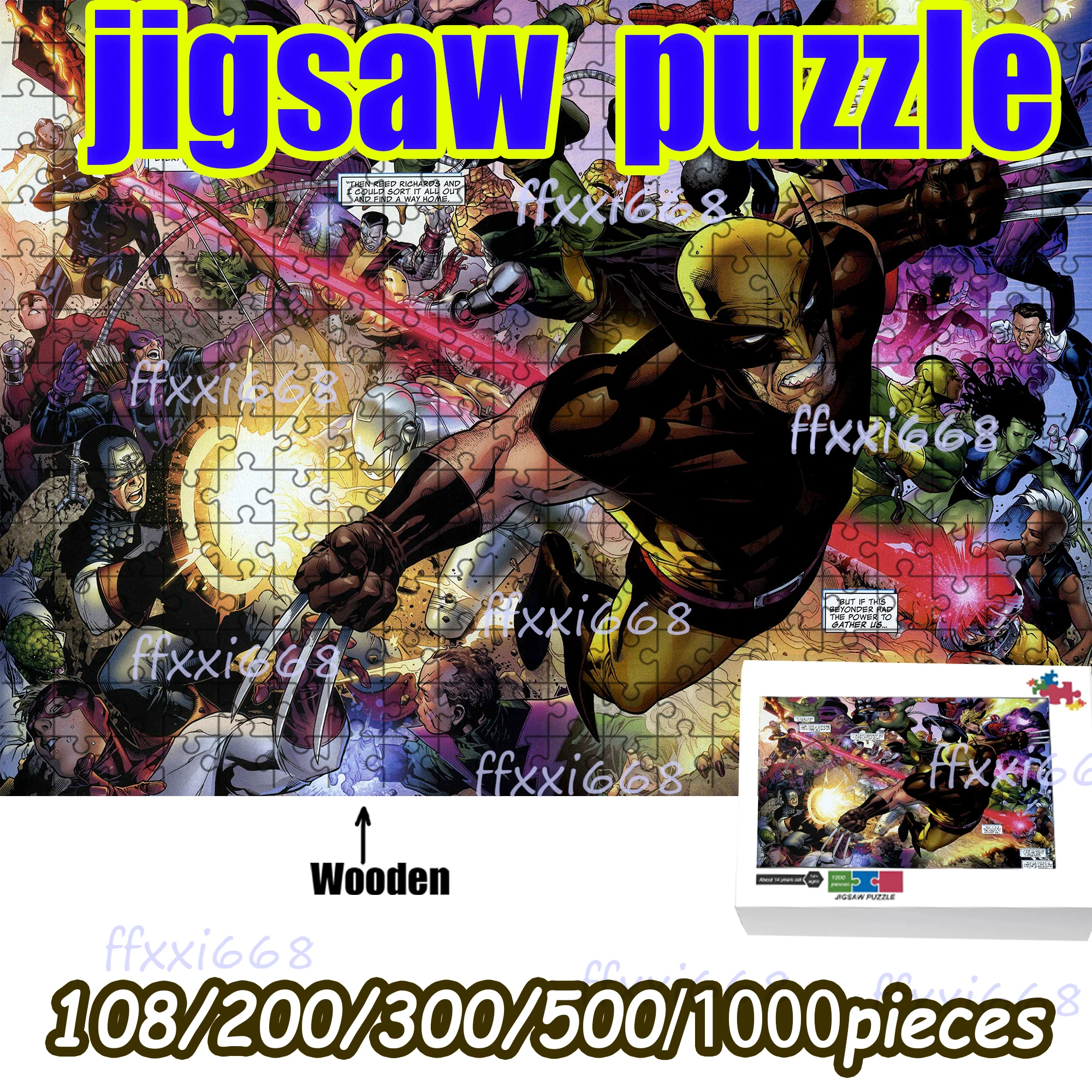 Wooden Jigsaw Puzzle 108/200/300/500/1000 Pcs, Wolverine & X-Men Comic Battle Puzzle, Marvel Superhero Scene for Fans