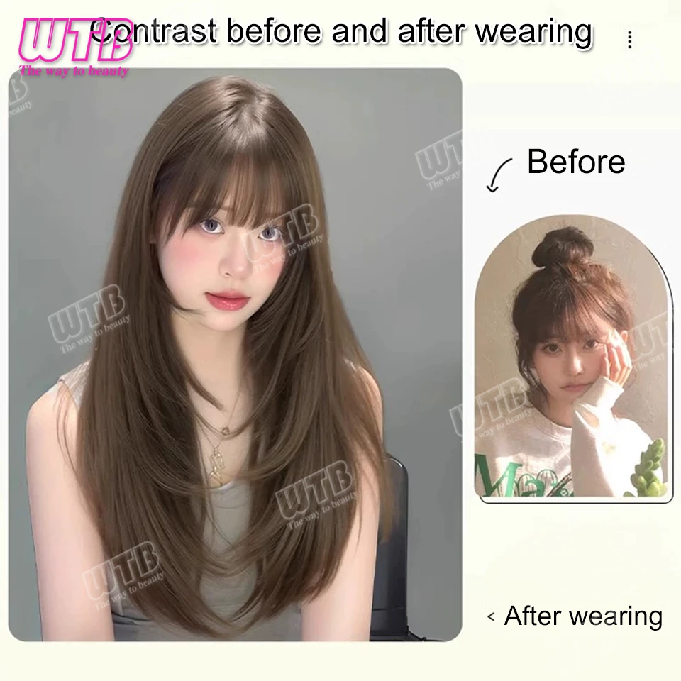 WTB WIGS Synthetic Wig with Bangs Long Brown Wigs for Women,Layered Heat Resistant Synthetic Wigs for Daily Use