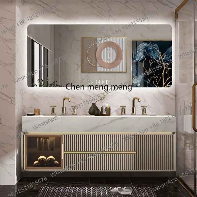 

Modern European Double Sink Bathroom Vanity Set with Waterproof Cabinets Counter Top And Integrated Mirror Lights