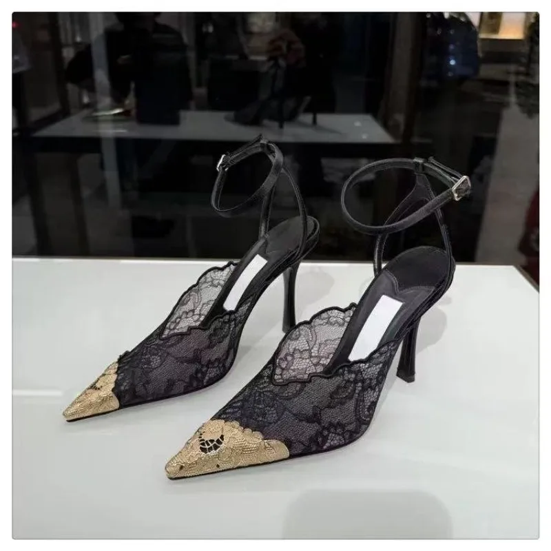 2026 New Lace High Heel Sandals for Women with Pointed Fine Heels Embroidered Mesh Versatile High Heels Shoes Women