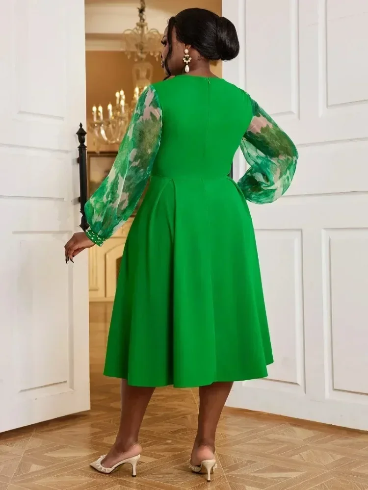 Fashion Nail Bead A-line Dress with Hollow Round Neck Printed Bubble Sleeves Evening Dress Green High Waist Folded Dresses