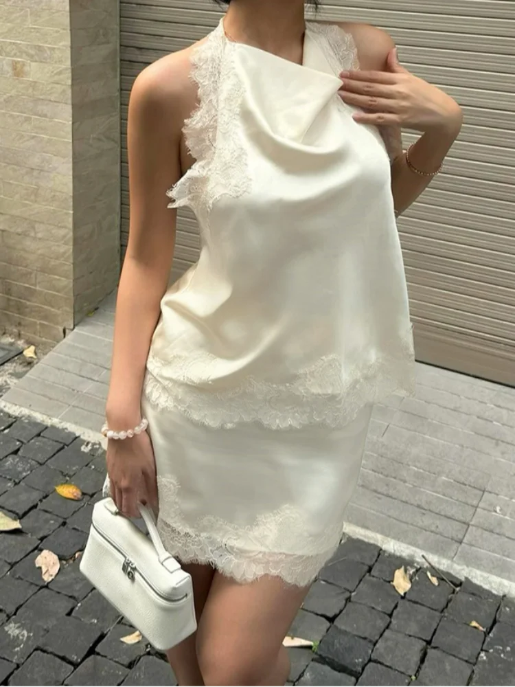 

Sexy Satin Lace Patchwork Backless Halte Vest Mini Skirt Set Draped Neckline Tops 2 Pcs Set 2026 Summer Party Vacation Outfit