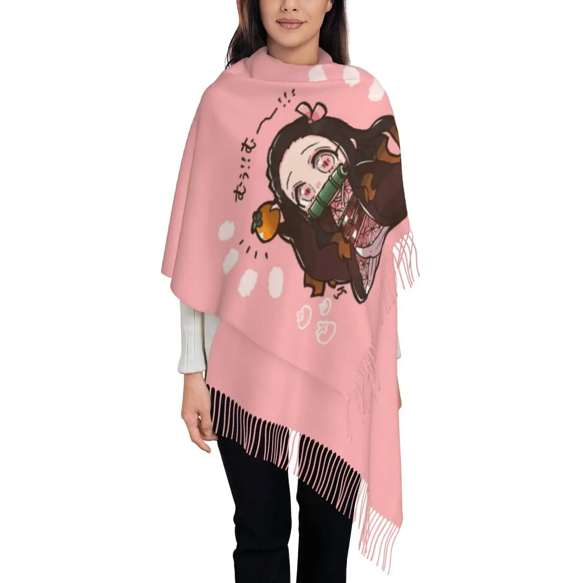 

Женский шарф с кисточками Demon Slayer, большая зимне-осенняя шаль в стиле аниме, Камадо Незуко, подарки, кашемировый шарф