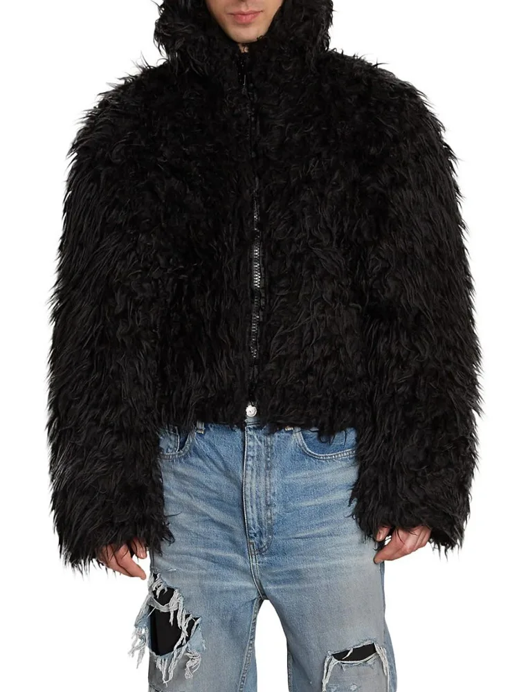 [BOMP] 2024 Autumn Men Trendy Brand Explosive Street Short Fur Men's Jacket, High Street Black Zipper Fur  New Fashion