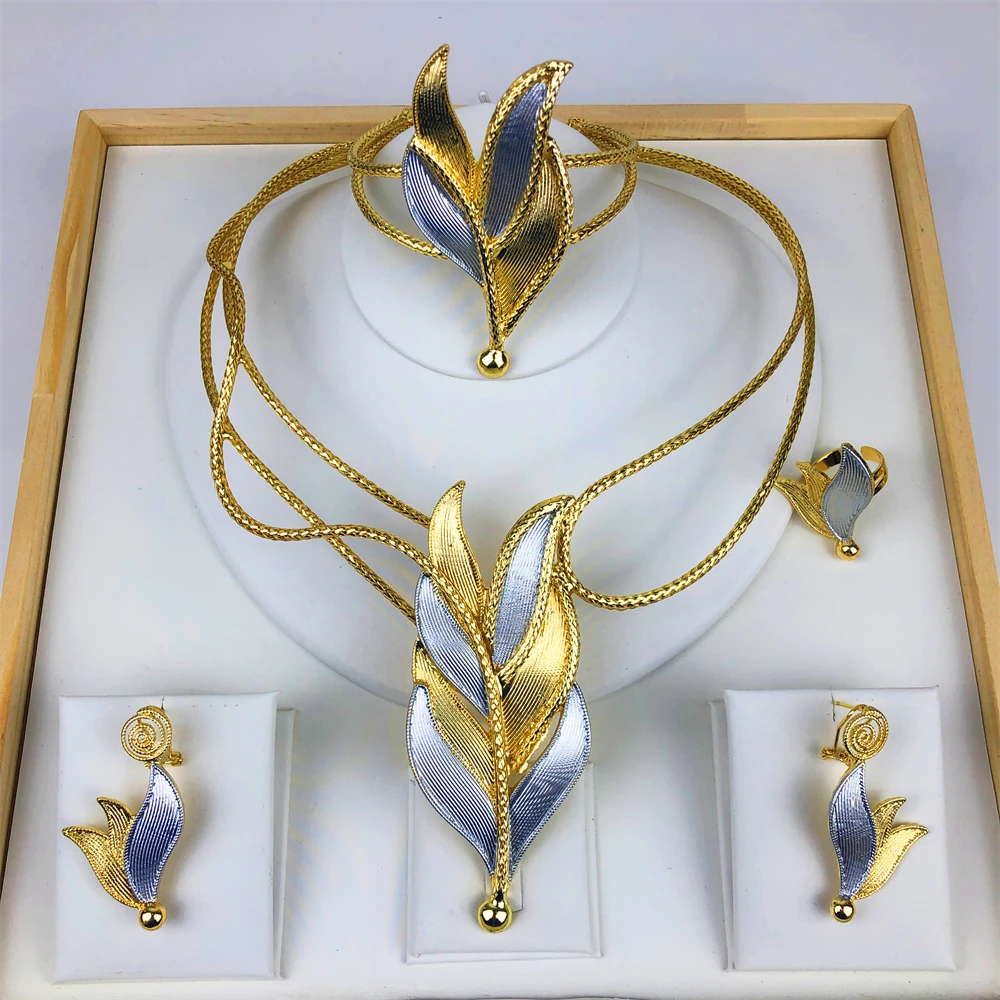 

TITI High Quality Jewelry Set Two Tone Necklace Wide Bracelet Large Stud Earrings Oval Ring For Women Daily Wear Jewellery