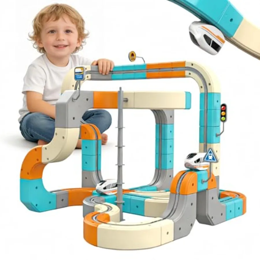 

3D Electric Train Set for Magic Gravity Race Track with STEM Learning, Flexible Cubes Blocks, Toddler Toy with Car, Ideal for B