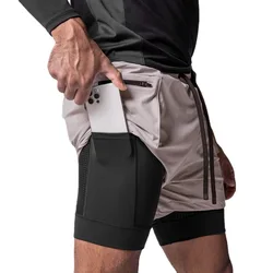 2024 New Men Running Shorts Double-Layer Fake Two Cargo Pockets Outdoor Leisure Fitness Marathon European Size Five Quarter Pant