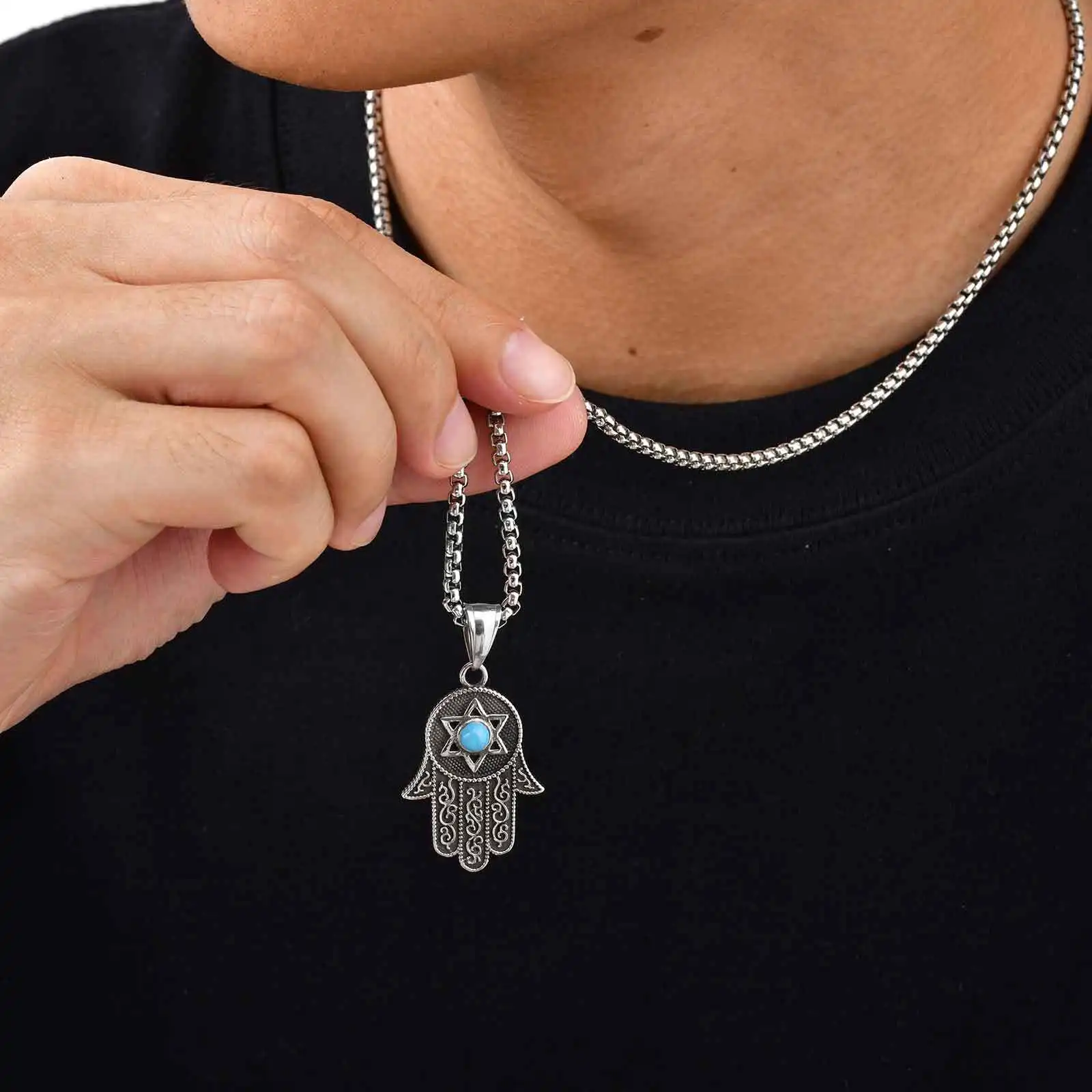 

Vintage Fatima Hand Necklace for Men Boys,Stainless Steel Hexagram Turquoise Pendant,Punk Jewelry Gift