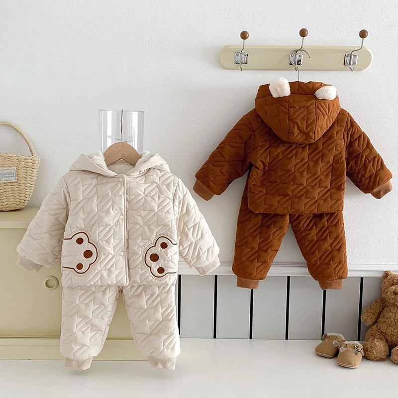 2024 New Winter 0-3Yrs Toddler Baby Boys Girl Clothes Suit Thicken Warm Cardigan Jacket+Pants Children Plush Clothes Set