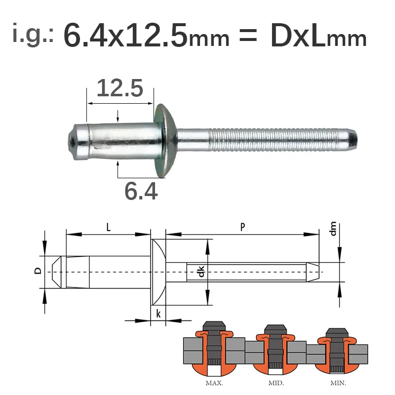 30/50pcs 6.4mm 7.8mm High Strength Blind Rivets Carbon Steel Structural Fasteners Rivet