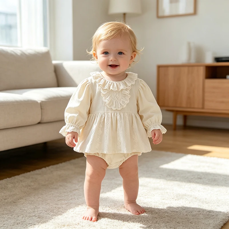 Baby-Mädchen-Strampler im Vintage-Stil mit Spitze, Rüschenkragen, langen Ärmeln, Baumwollrock mit Stickerei, Body, Neugeborenen- und Säuglings-Prinzessinnen-Outfit, 0–24 Monate. – Detail 16
