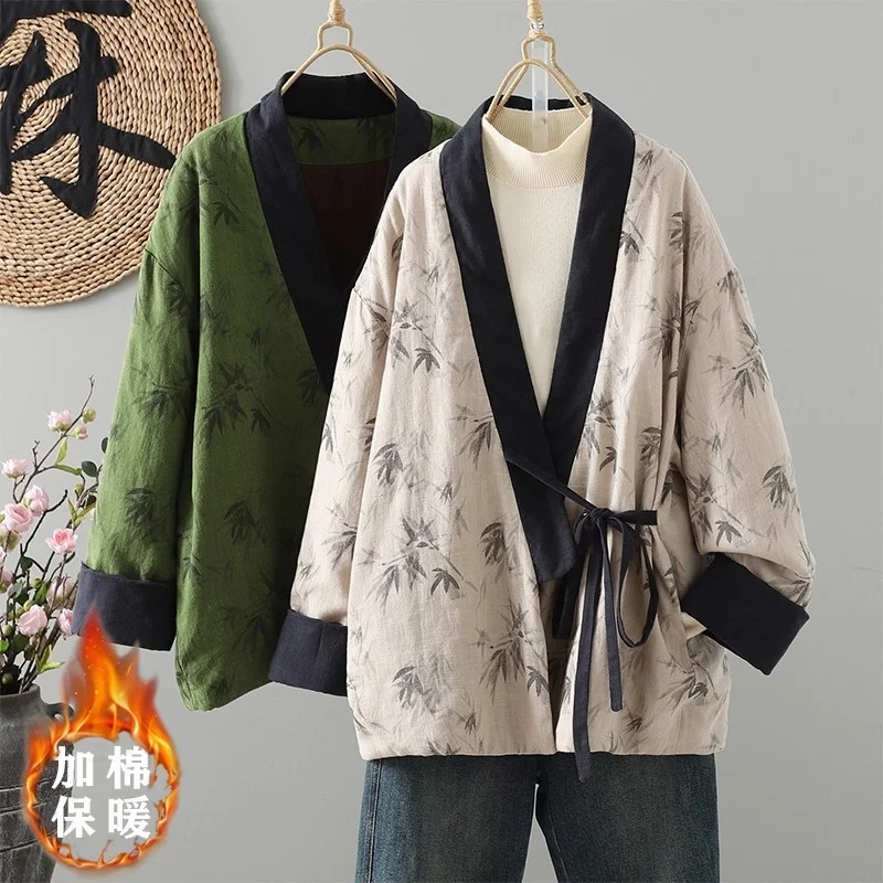 

Осень-зима 2025 г., новая хлопковая куртка в китайском стиле, женская повседневная куртка с v-образным вырезом, свободная посадка контрастного цвета на шнуровке w1377