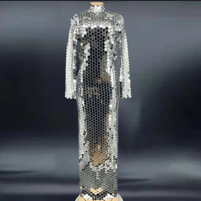 

Silver Mirror Long Women's Cocktail Dress Long Sexy Party Rhinestone Sequins Party Dress Long Sleeves Vestidos De Ocasião Formal